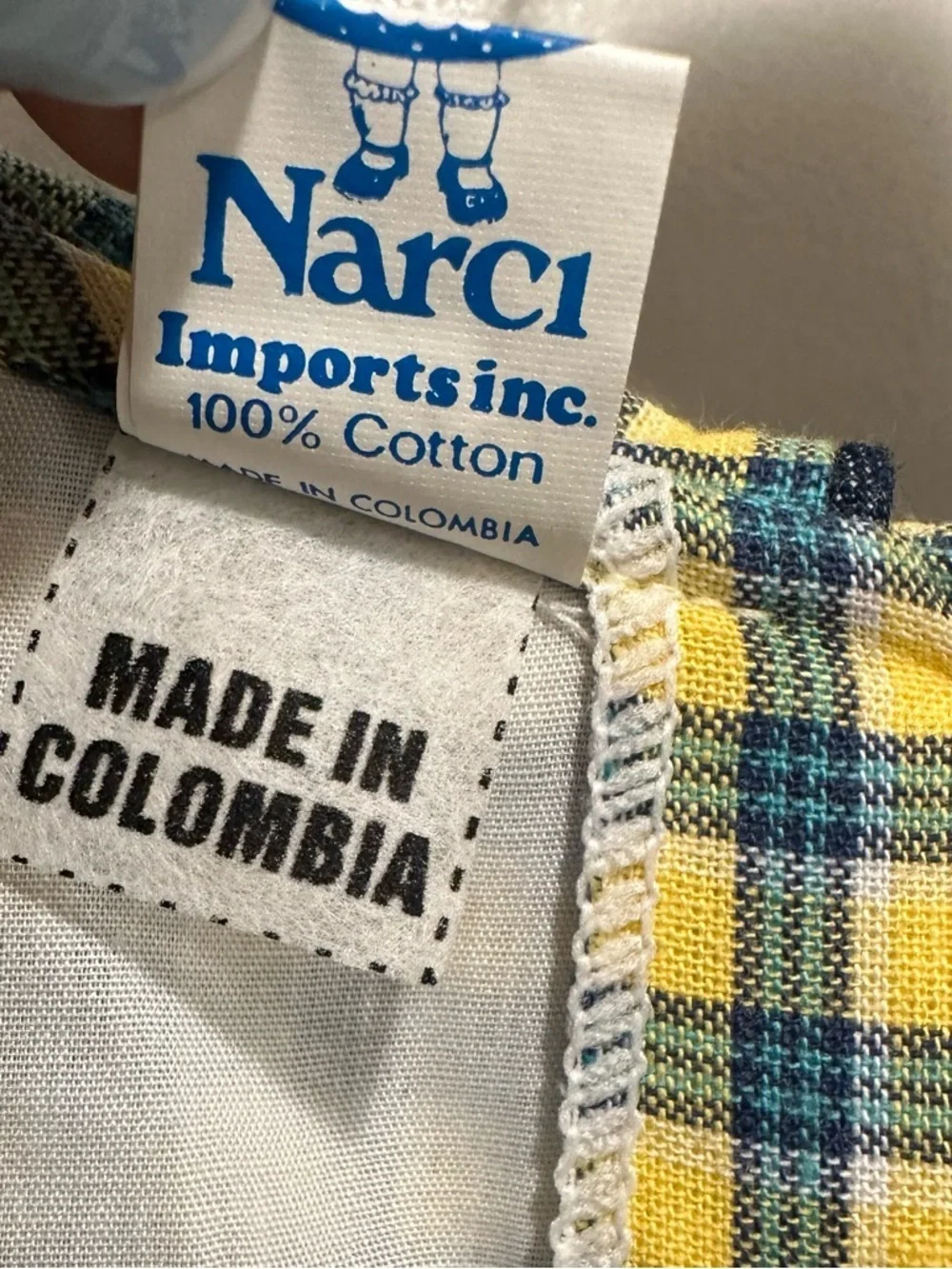 Vintage Narci Stell Colombia Gingham Prairie Dress Headband Girls 10 Blue Yellow